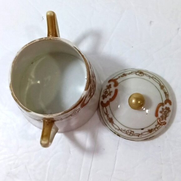 Antique Nippon Porcelain Hand Painted Condiment Pot w/ Lid Orange & Gold Decor - Picture 5 of 10